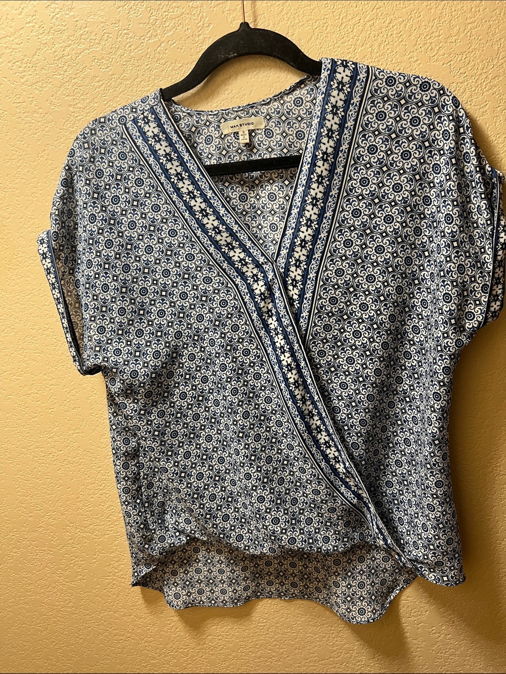 Max Studio Navy and White Printed Wrap Blouse